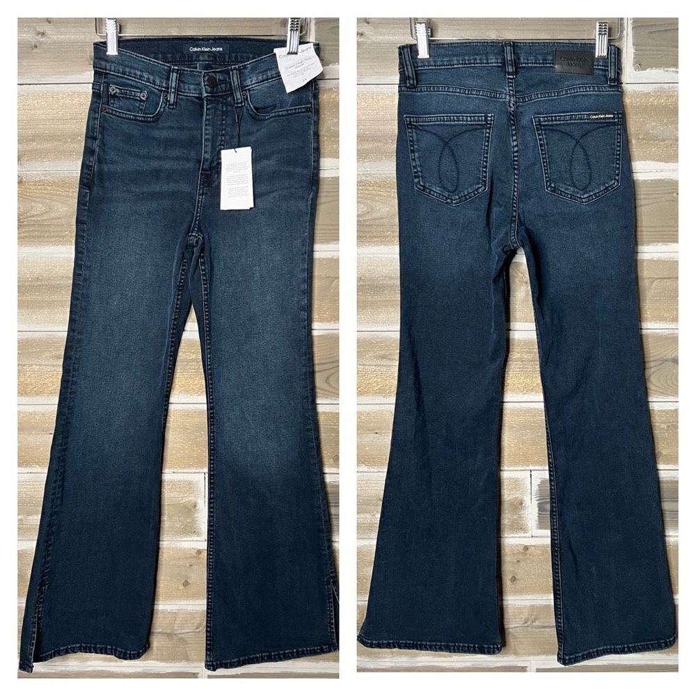 Calvin Klein CK Women's Super-High Rise Flare Slit Hem Blue Jeans Size 24